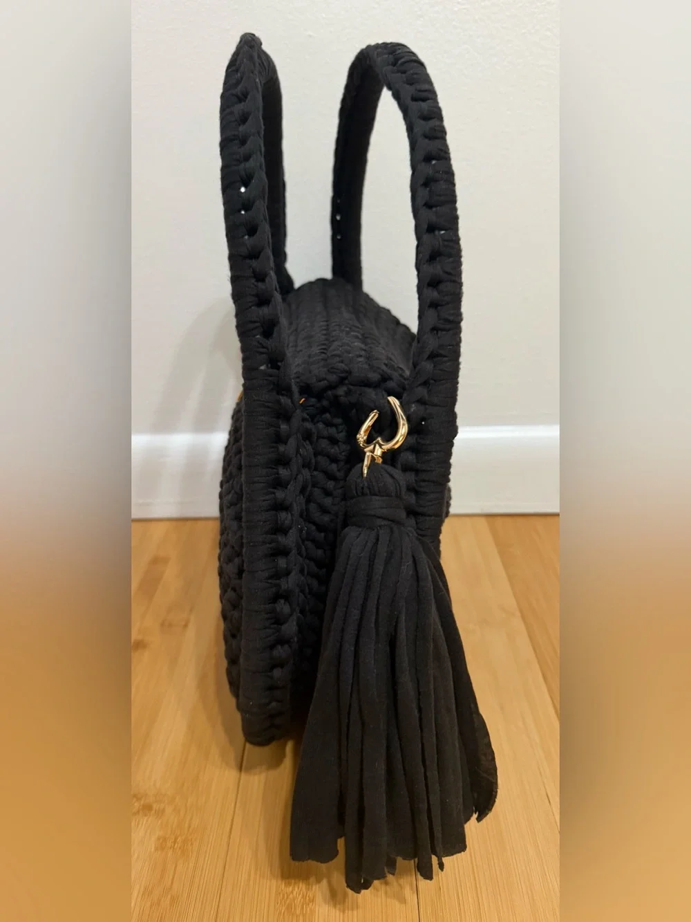 New Handmade Black Crochet Women's Purse Bag Handle Handbag tassel clasp closure